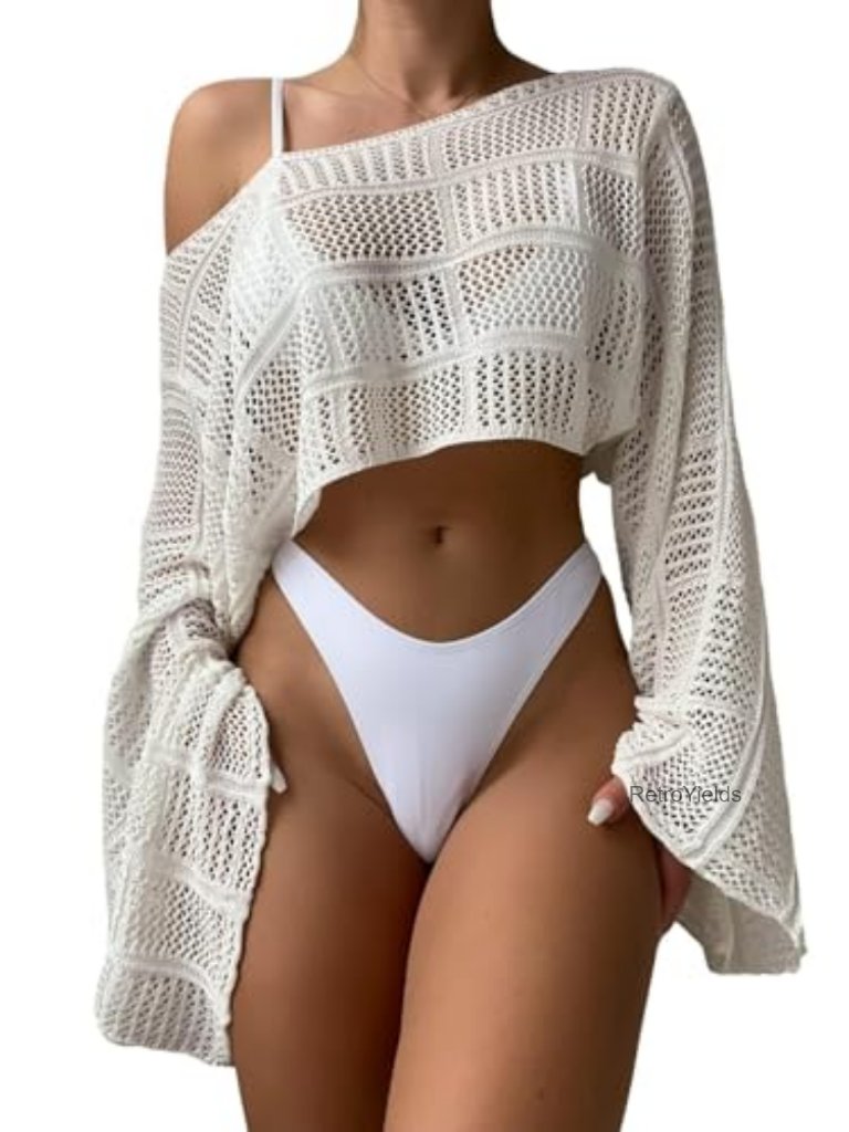 Hollow Out Crochet Boat Neck Long Sleeve Sheer Swimsuit Cover Up Crop Bikini